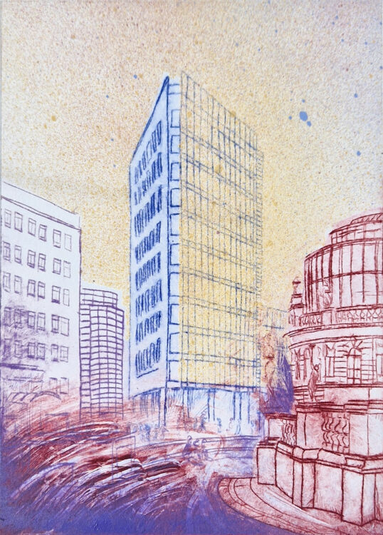 City Square, Leeds - drypoint etching by Simon Lewis